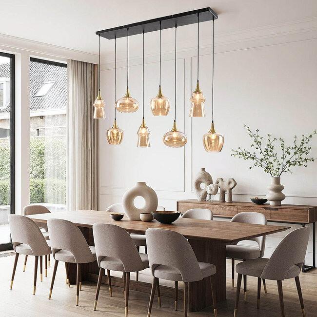 Cael pendant lamp in Gold with Amber glass in various shapes – 8-light
