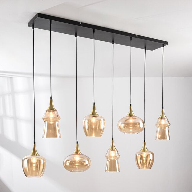 8-light pendant light Cael - gold with amber glass