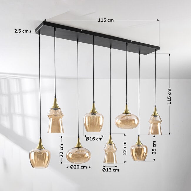 8-light pendant light Cael - gold with amber glass