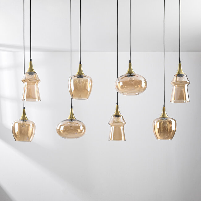 Pendant light Cael gold with amber glass in various shapes – 8-light