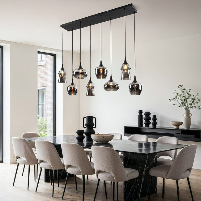 Cael pendant light in black with smoked glass and mirror effect in various shapes – 8-light