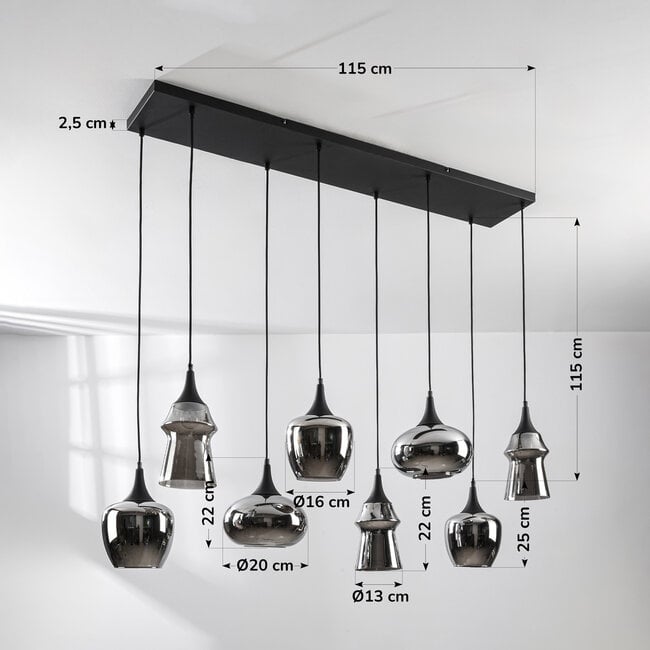 8-light pendant light Cael - black with smoked glass and mirror effect
