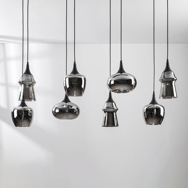 8-light pendant light Cael - black with smoked glass and mirror effect