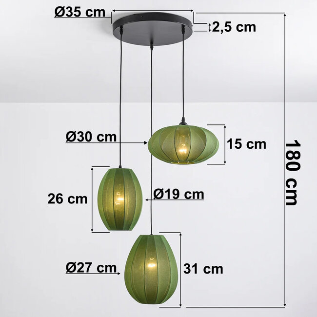 3-light Japandi pendant lamp with green fabric lanterns - Fabrica