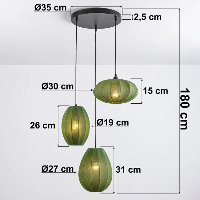 3-light pendant light Fabrica - green fabric lanterns