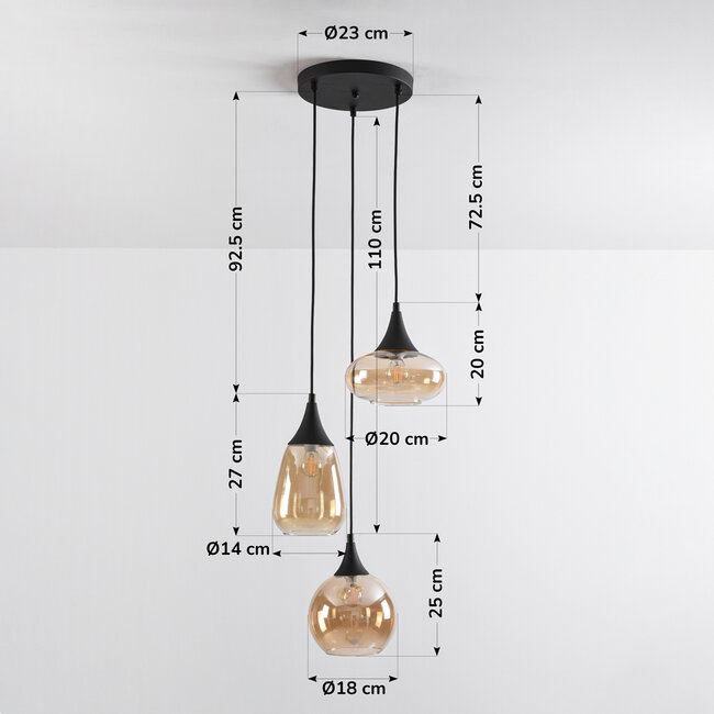 Modern pendant lamp with Amber glass, 3-light - Loua