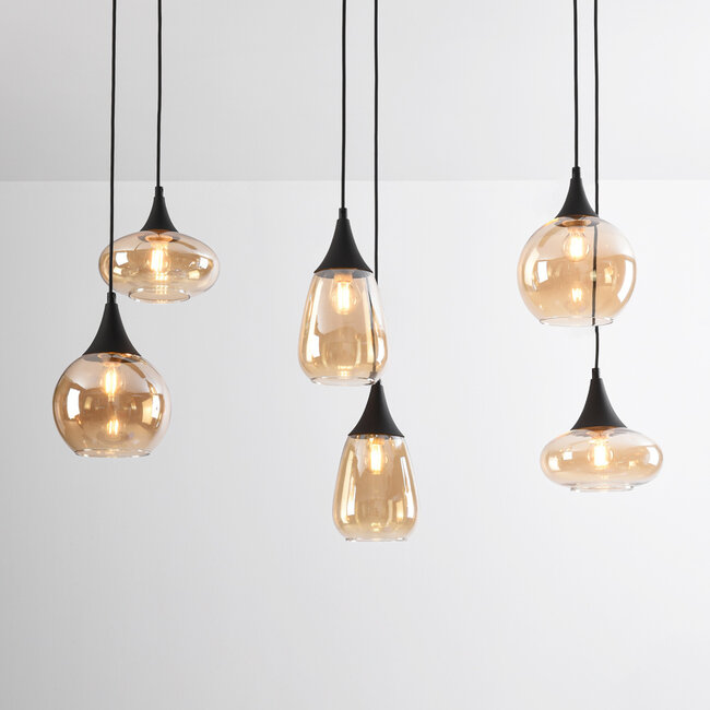 Black Loic pendant lamp with Amber glass, 6-light