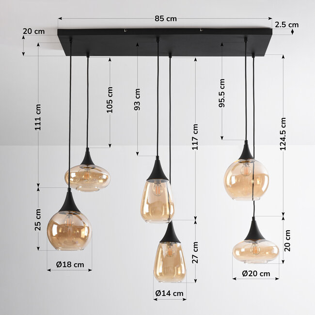 Black Loic pendant lamp with Amber glass, 6-light