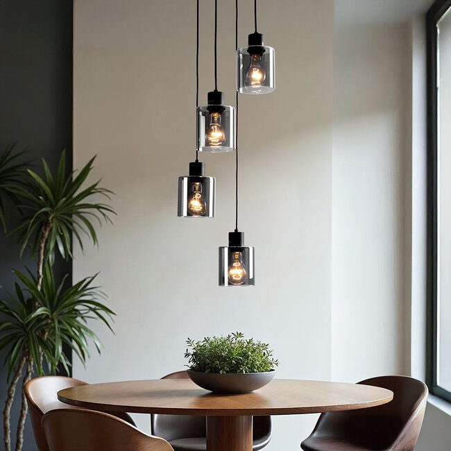 Pella pendant lamp, 4-light - black with smoked glass