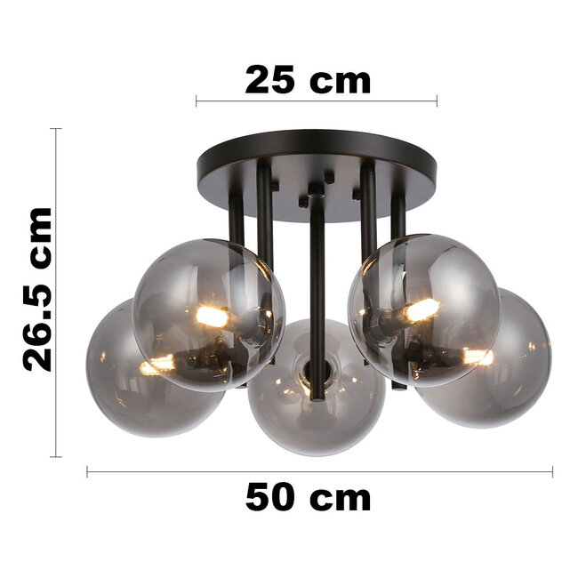 Contemporary ceiling lamp Amora black with smoked glass, 5-light