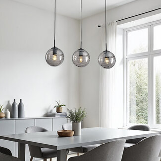 Modern black pendant lamp with 3D wavy smoked glass, 3-light - Carice