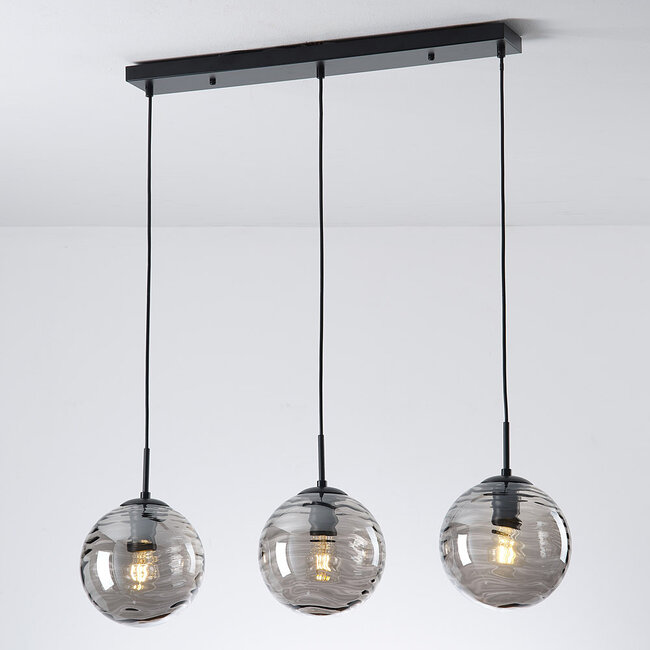 Modern black pendant lamp with 3D wavy smoked glass, 3-light - Carice