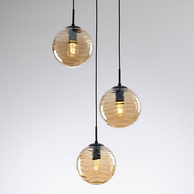 Designer lighting pendant lamp in black with 3D wavy amber glass, 3-light - Eflin