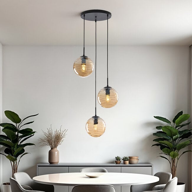 3-light pendant light Eflin - black with amber glass