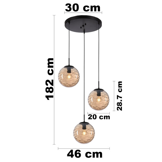 Designer lighting pendant lamp in black with 3D wavy amber glass, 3-light - Eflin