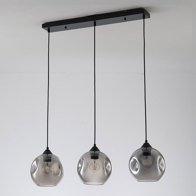 3-light pendant lamp Fayen Black with wavy smoked glass