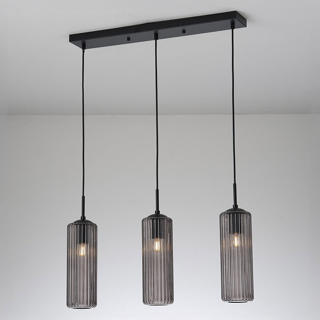 Retro pendant lamp Black with ribbed smoked glass, 3-light - Giove
