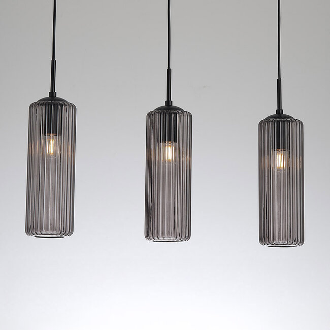 Retro pendant lamp Black with ribbed smoked glass, 3-light - Giove