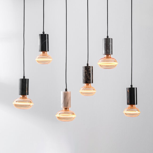 6-light pendant light Caverna - black with marble detailing, set with dimmable LED bulbs