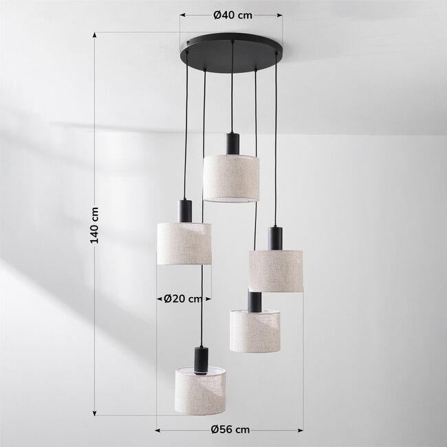 5-light Scandinavian pendant lamp Linne with beige linen shades