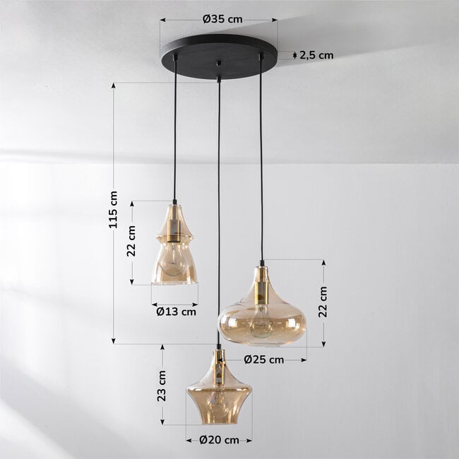 3-light designer pendant light Calypso with amber glass globes