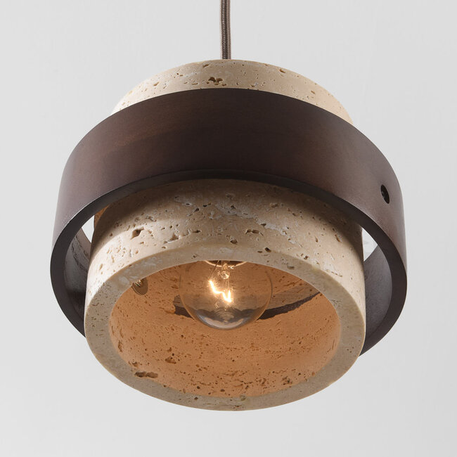 Natural 3-light Travé pendant lamp made of travertine (natural stone) and wood