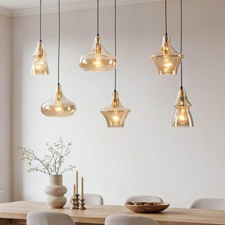 Calypso 6-light industrial pendant lamp with Amber glass
