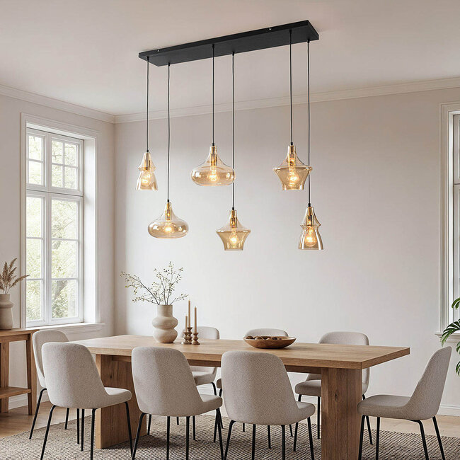 Industrial 6-light pendant light Calypso with amber glass