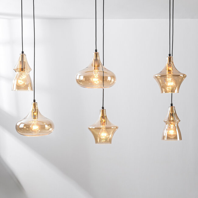 Industrial 6-light pendant light Calypso with amber glass