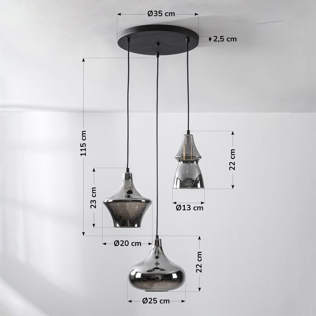 3-light modern pendant light Calypso - black with smoked glass