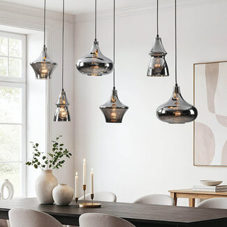 Industrial pendant lamp Calypso Black with six Smoked glass shades