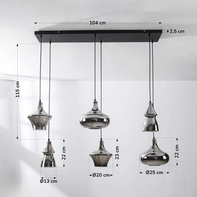 Industrial pendant light Calypso - black with six smoked glass globes