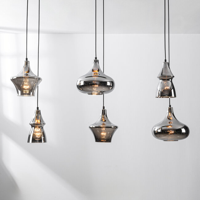 Industrial pendant lamp Calypso Black with six Smoked glass shades