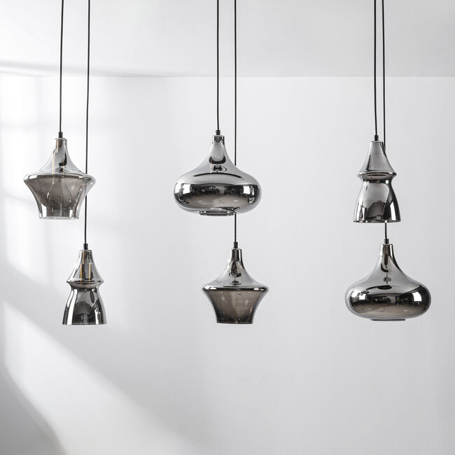 Industrial pendant light Calypso - black with six smoked glass globes