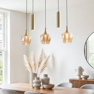 Modern pendant light Eloi with two gold GU10 spotlights and three amber glass globes, 5-light
