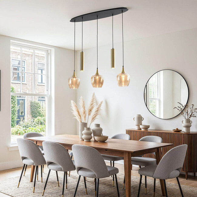 Modern Eloi pendant lamp with two Gold GU10 spotlights and three Amber glass shades, 5-light