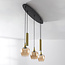 Modern Eloi pendant lamp with two Gold GU10 spotlights and three Amber glass shades, 5-light