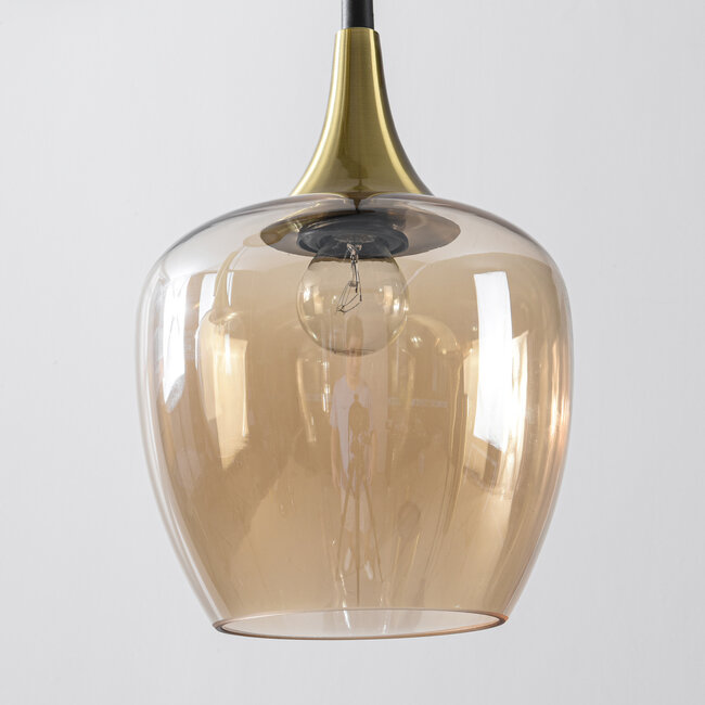Modern pendant light Eloi with two gold GU10 spotlights and three amber glass globes, 5-light