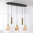 Modern pendant light Eloi with two gold GU10 spotlights and three amber glass globes, 5-light