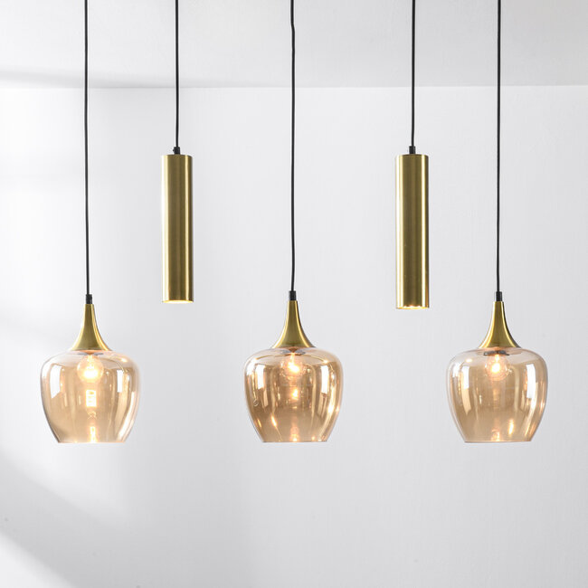 Modern pendant light Eloi with two gold GU10 spotlights and three amber glass globes, 5-light