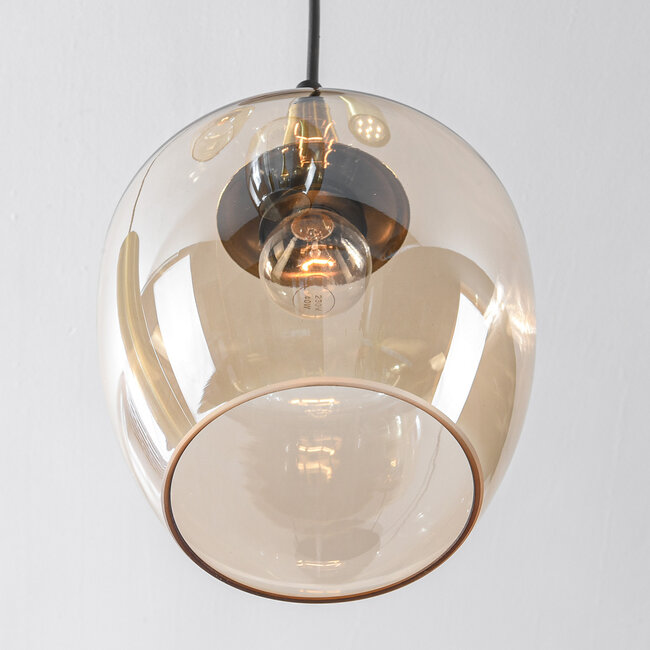 Téo gold pendant lamp design with three amber glass shades and two GU10 spotlights