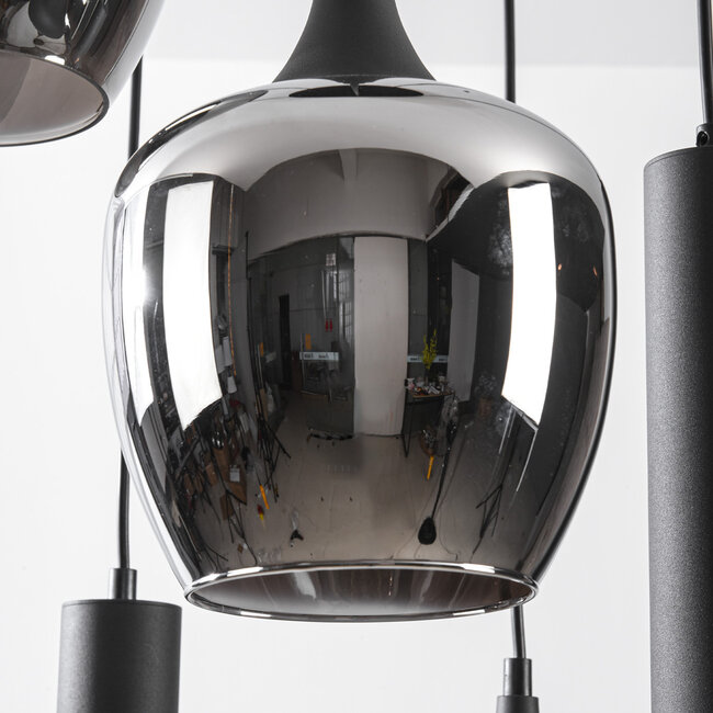 Industrial pendant light Téo with two GU10 spotlights and three smoked glass globes