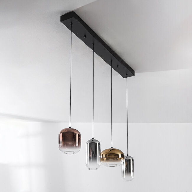 Kohi 4-light pendant with LED, 3-step dimmable and glass shades in gold, smoked glass and copper