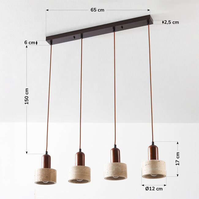 Luxury 4-light pendant lamp Muro made of travertine (natural stone) and wood
