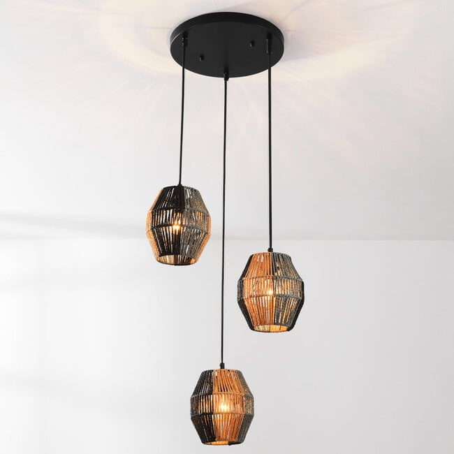 3-light pendant light Lumra - black with natural rope