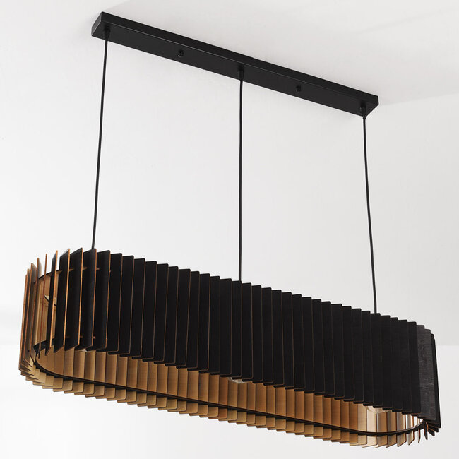 Black wooden pendant light Hema with natural interior – 3-light