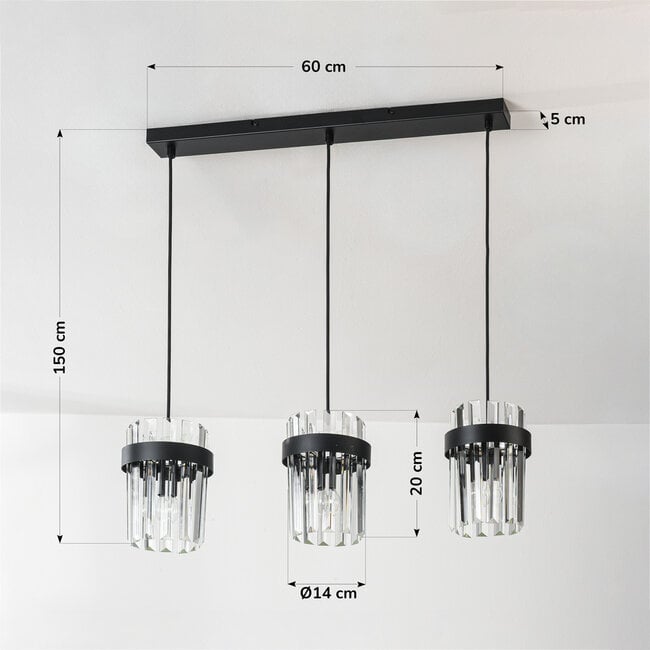 Modern 3-light pendant light Elvira with luxurious clear glass prisms