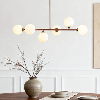 6-light pendant light Aster - brown with opal white glass