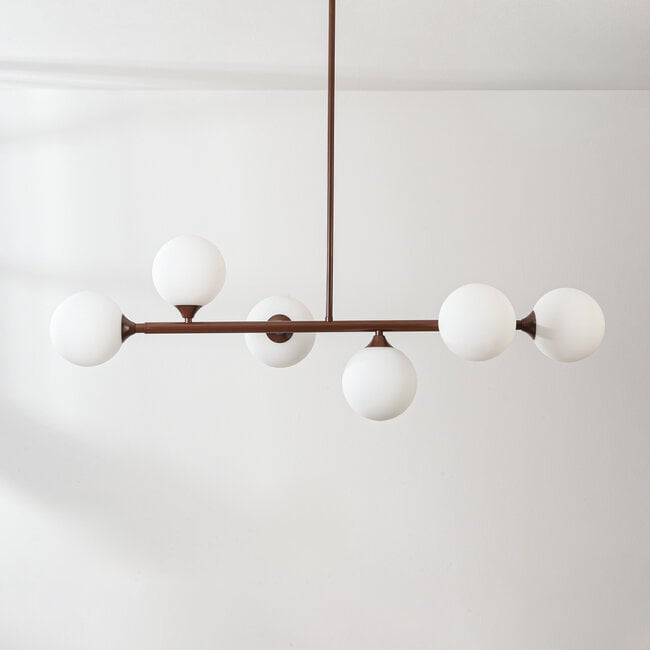 6-light pendant light Aster - brown with opal white glass