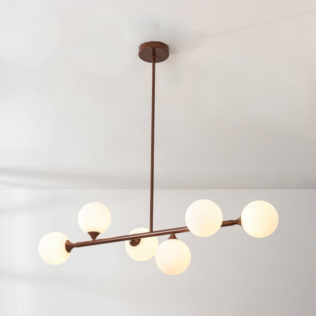 6-light pendant light Aster - brown with opal white glass